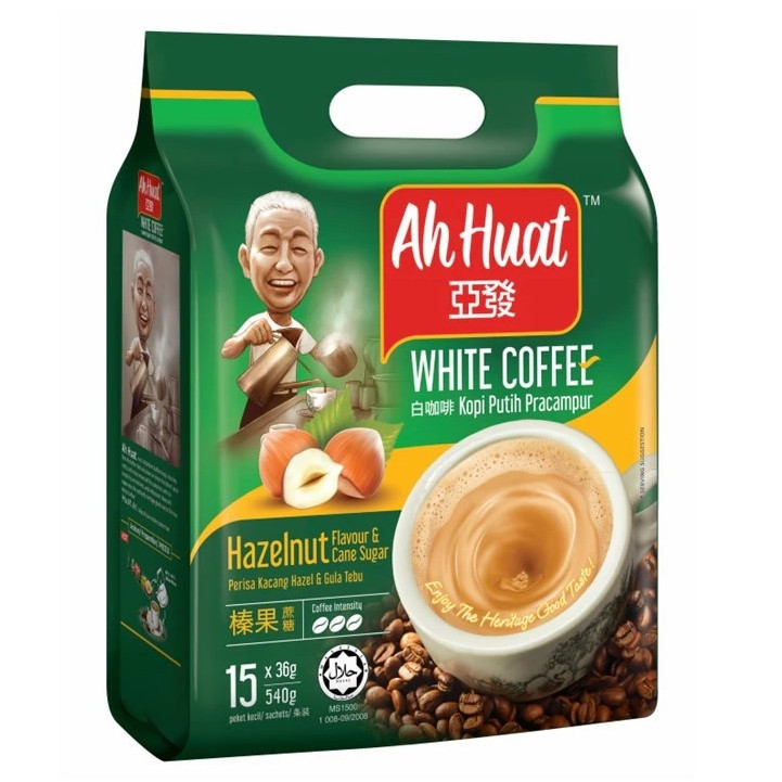 Ah Huat White Coffee Hazelnut & Cane Sugar | 15 Sachets X 36gram | 3 In 1 | Halal