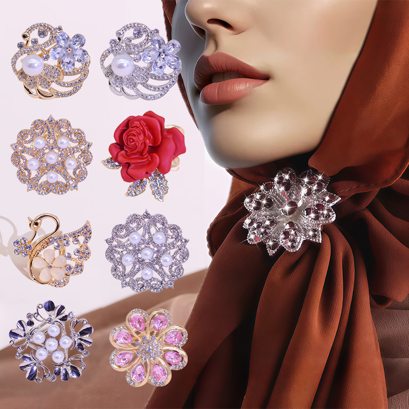 Brooch Ring Silk Scarf Buckle Alloy Rhinestone Muslim Headscarf Ring Scarf Square Scarf Adjustment Buckle Rose Brooch/Swan Brooch