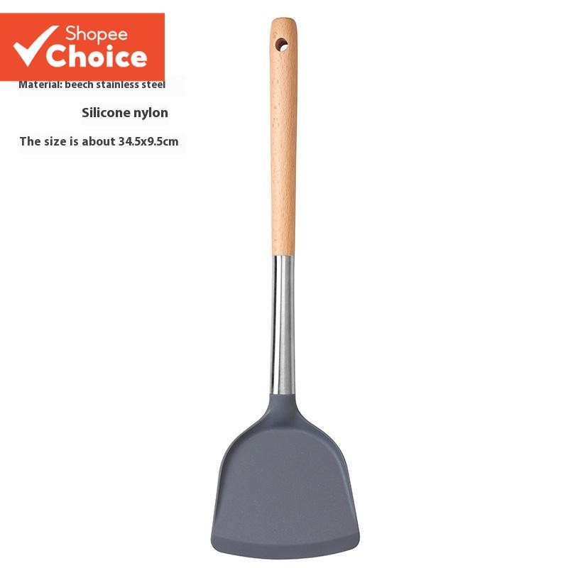 Wooden Handle Stainless Steel Silicone Spatula Non-Stick Pan Dedicated Household High Temperature Resistant Cooking Spatula Kitchenware Cooking Kitchen Spatula