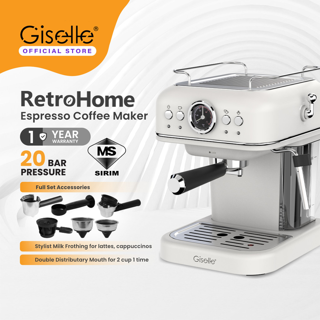 Giselle 20 Bar 1.0L Espresso Coffee Maker Coffee Machine Retro Automatic Machine with Milk Frothing (950W)