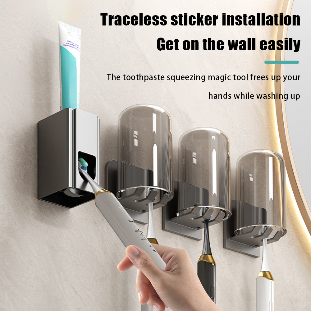 【Ready Stock】Aluminium Toothbrush Holder Wall Toothpaste Holder Toothpaste Dispenser Bathroom Storage Rack
