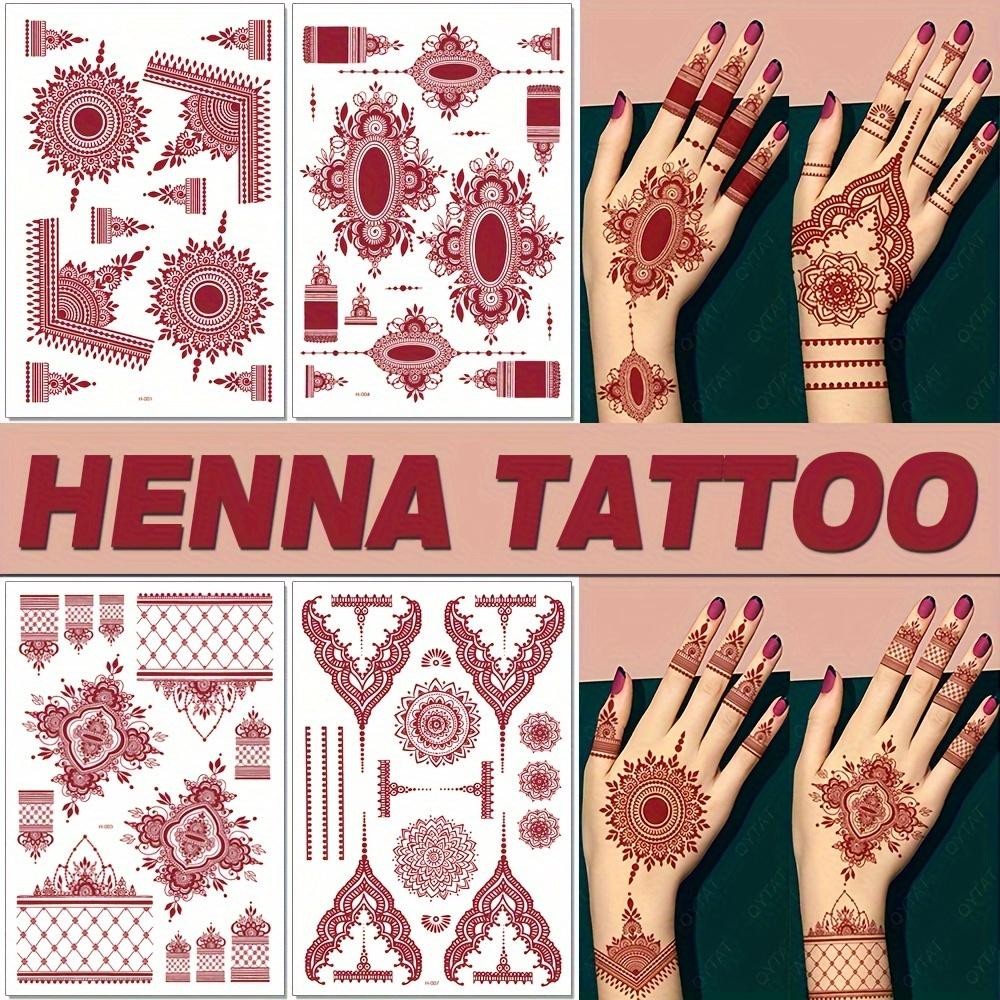 Red Lace Henna Tattoo Sexy Maroon Stickers Waterproof India Mehndi Design Temporary Tattoos Finger Hand Tattoo For Women