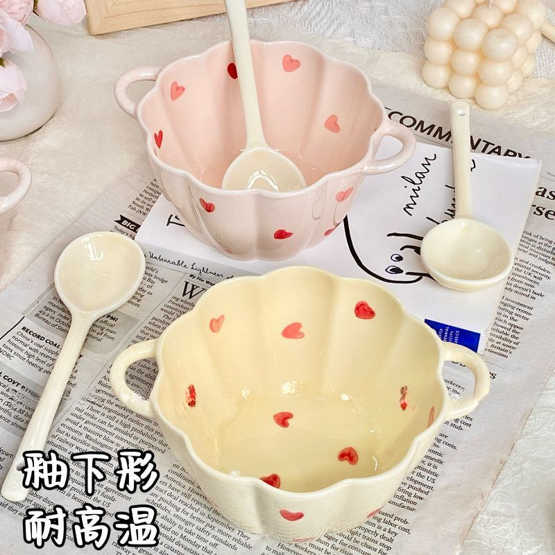 Korean Style INS Heart Ceramic Underglaze Double Handle/Yogurt Bowl with Spoon/Birthday Gift/Couple Gift