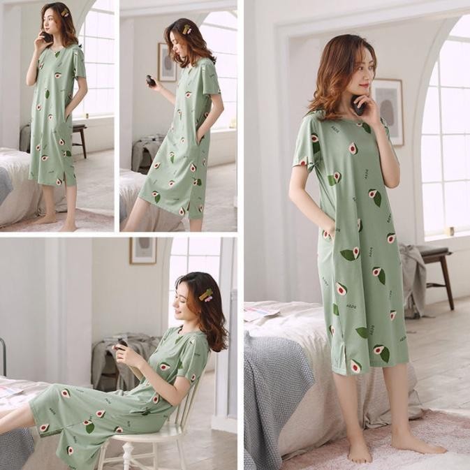 MYA-Pajamas Cartoon Print Round Neck Short Sleeve Loose Casual Knit Summer Night Gown T201