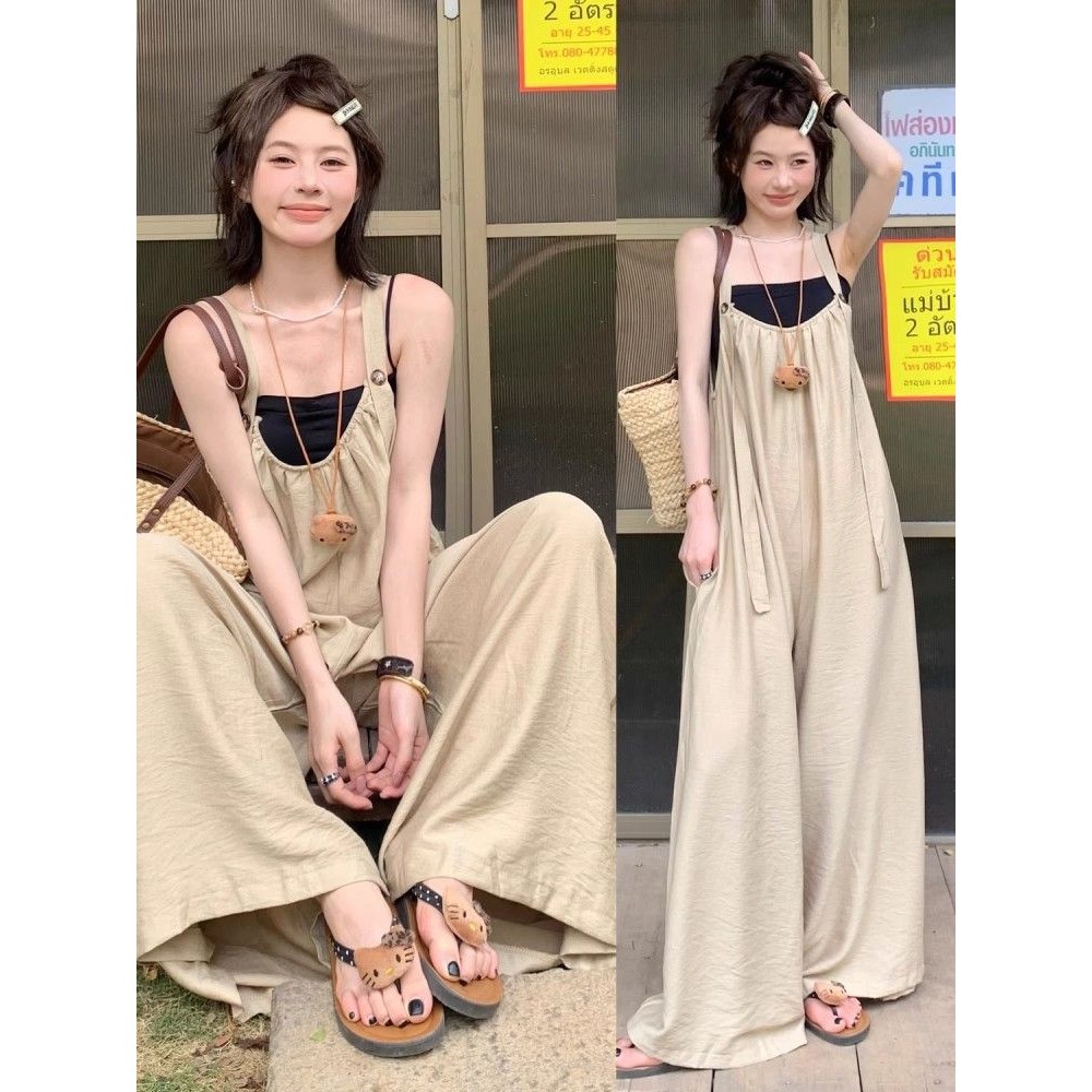 Minimalist temperament suspender jumpsuits for women loose casual lazy style oversize strap wide-leg
