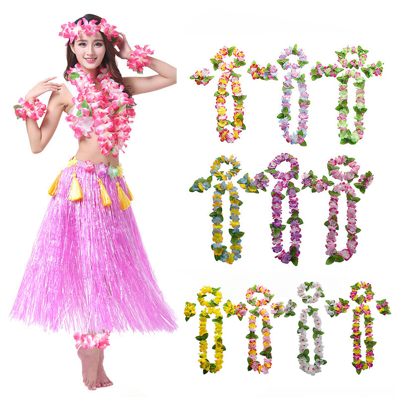 4pcs Set Hawaiian Garland Sets Flowers Wreath Necklace with Bracelets Wrist Flower Headband Garland Hawaiian Them Party Decorations Beach Accessories for Women Girls Photoshoot