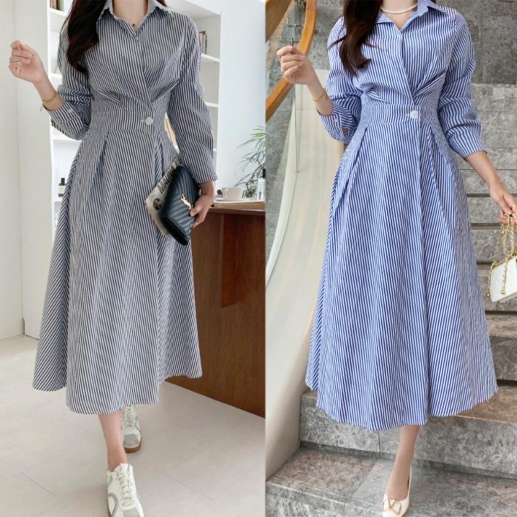 SARICHIC Women Long Sleeve Turn-Down-Collar Solid Color High Waist Casual Maxi Dress -99075