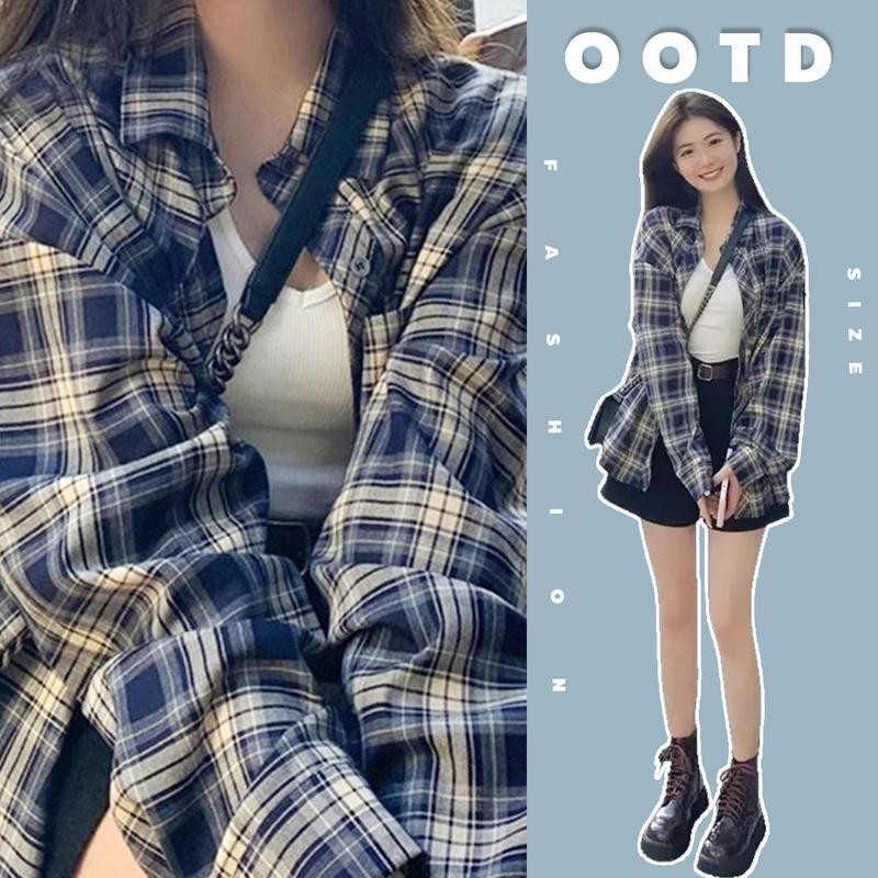 G&M#Plaid Long-sleeved Shirt for Women's Baju Kemeja Fashion Blouse Korean Vintage Style Loose Fit Casual Shirt#w270