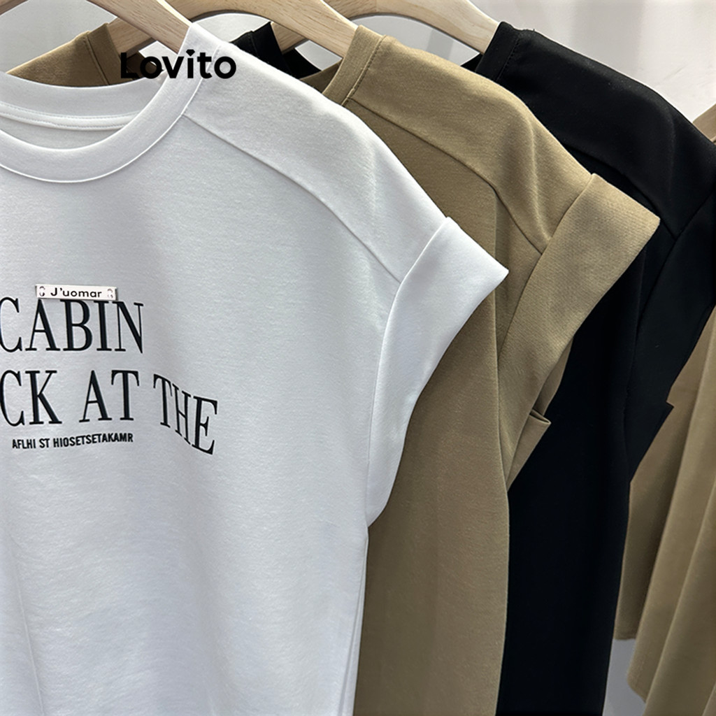 (Trendy) Lovito Casual T-Shirt Letter Padded Basic T-Shirt for Women LNA24019 (Khaki/White/Black)