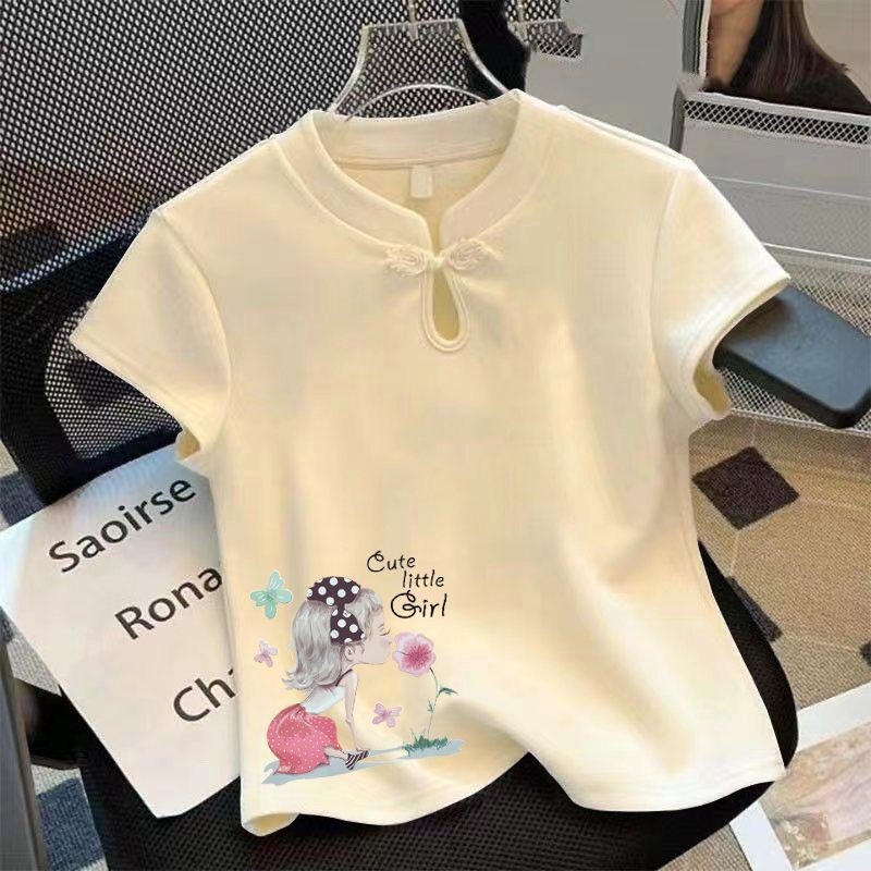 New Chinese style summer hollow short sleeved T-shirt 2025 new buckle T-shirt printed top for women新中式镂空短袖女t恤夏2025新款盘扣T恤印花上衣女