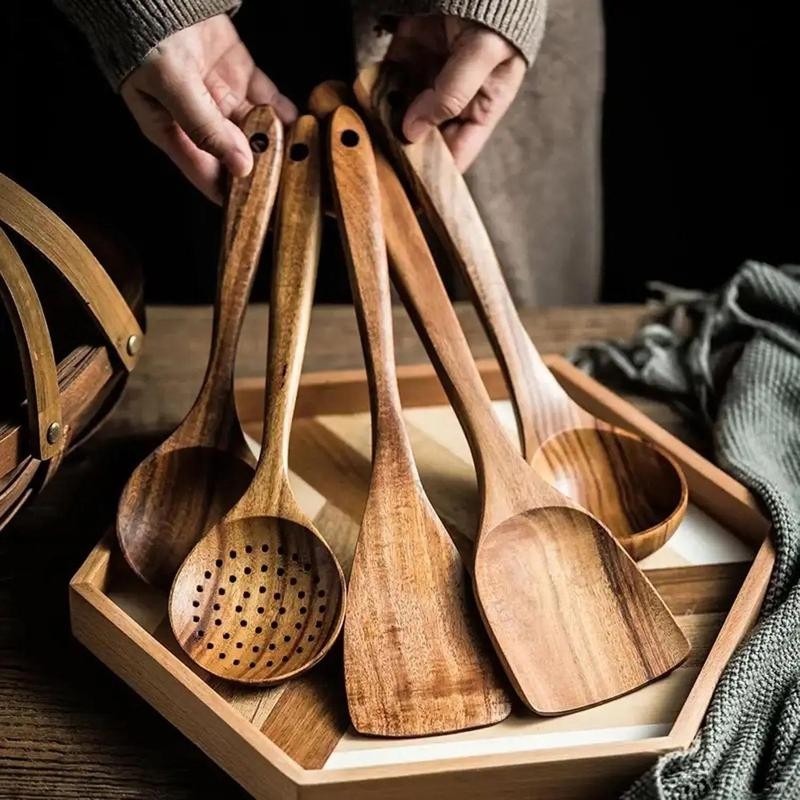 Wooden Cooking Utensils Set, 5 Counts/set Non-stick Cooking Utensils, Kitchen Utensils Set for Home Use, Household Kitchen Products, Kitchen Gadgets, Kitchen Accessories