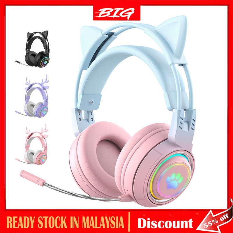 Cute Cat / Deer Ear Pink Headphone RGB Wireless Hifi Headphones Stereo Bluetooth Gaming Headset with Detachable Mic