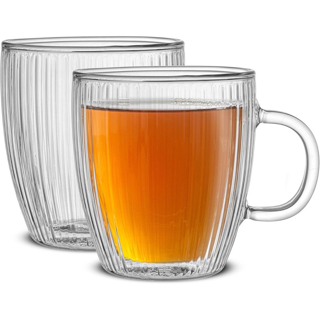 JoyJolt Fluted Glass Coffee Mugs, Double Wall Coffee Mugs. 13.5oz Clear Coffee Mug Set of 2. Latte Glasses, Glass Cappuccino Mugs, Clear Glass Coffee Mug. Ribbed Mugs