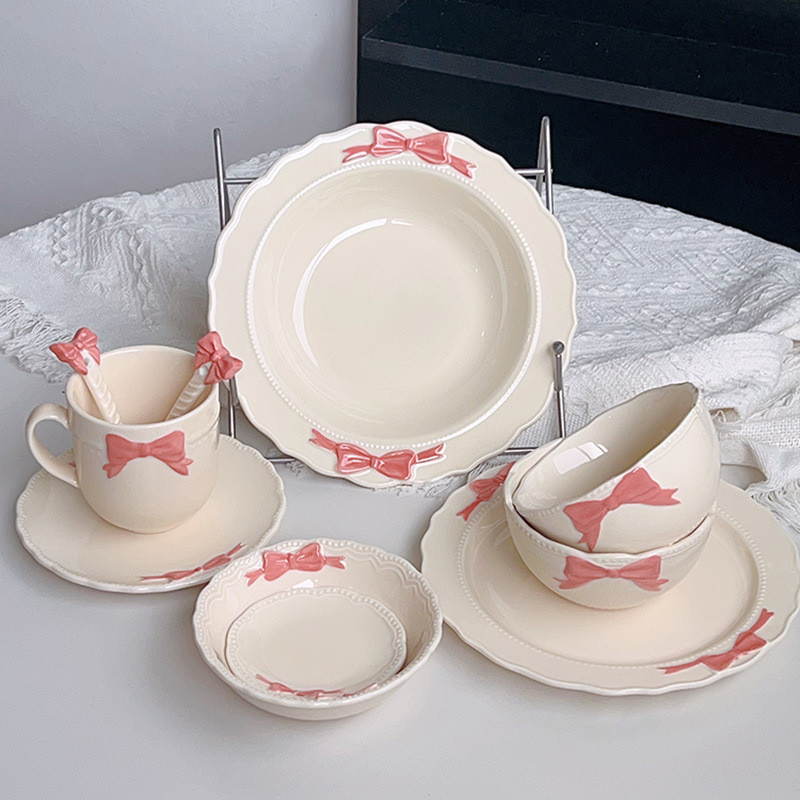 Korean-style pearl dot bow simple ins ceramic bowl, plate and tableware set, cute breakfast plate coffee cup