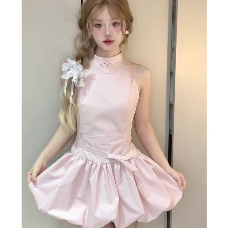 French Style Pink Dress Summer New Sweet Petite Floral Sleeveless Short Puffed Dress