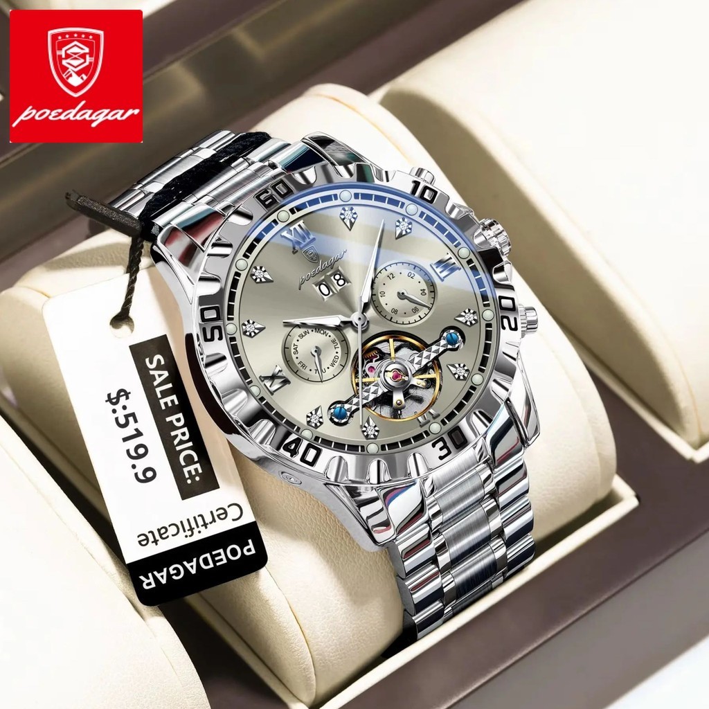 Poedagar Top Luxury Men's Date Automatic Week Men's Watch Hollow Rotating Mechanical Stainless Steel Men's Watch