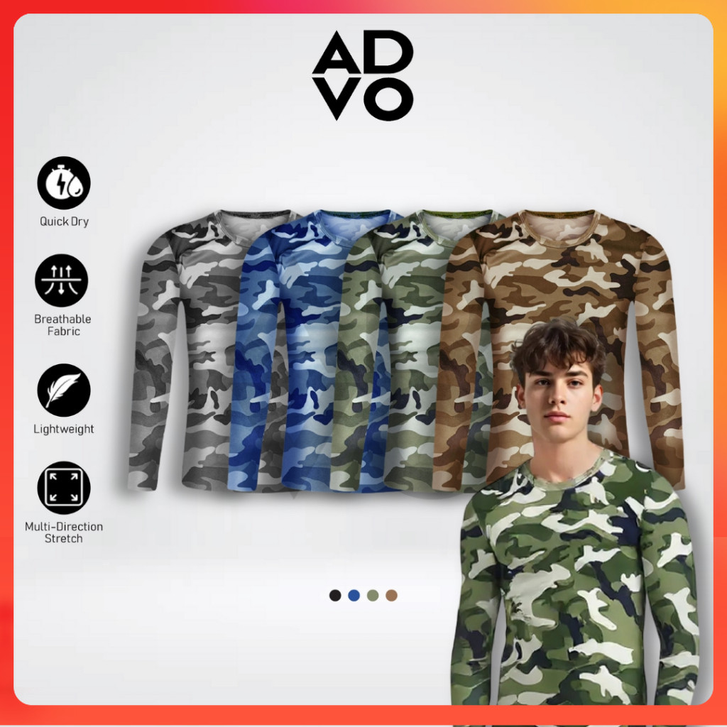 ADVO Camo Long Sleeve Microfiber Men T shirt Baju Lelaki Unisex Quick Dry Tshirt Round Neck Lengan Panjang Baju Bercorak