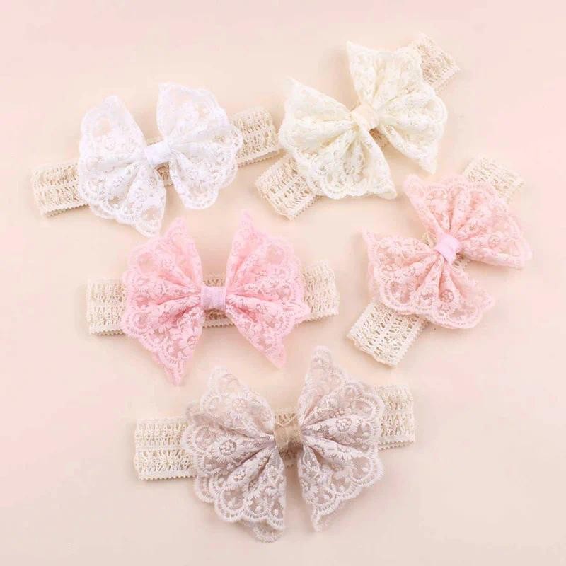 Lace Bow Baby Headband White Pink Soft Elastic Hair Bands Newborn Infant Bowknot Wide Turban Kids Girls Hair Accessories