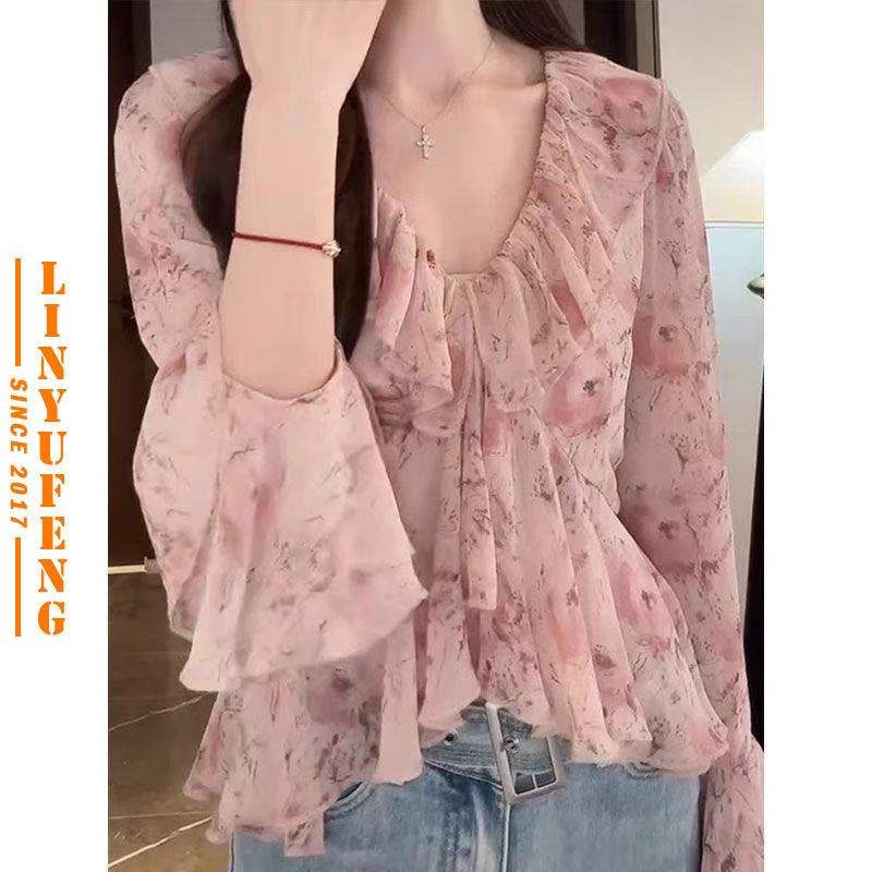 ?Linyufeng? Floral Ruffle Blouse Women Korean Style V Neck Ladies Loose Chiffon Long Sleeve Classy Elegant Pink Ironless Baggy Coquette Shirt Top Baju ootd Kemeja Lengan Panjang Perempuan Wanita Terki