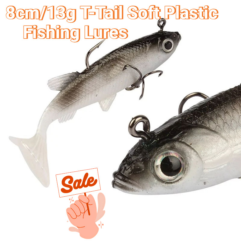【NEW】8cm/13g T-Tail Soft Plastic Fishing Lures For Bass 3D Eyes Swimbaits Trible Hook With Paddle Tail