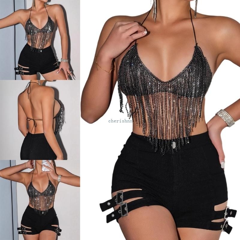 CH* Shimmering Rhinestones Fishnet Strap Fishnet Tank Vest For Fashion Women