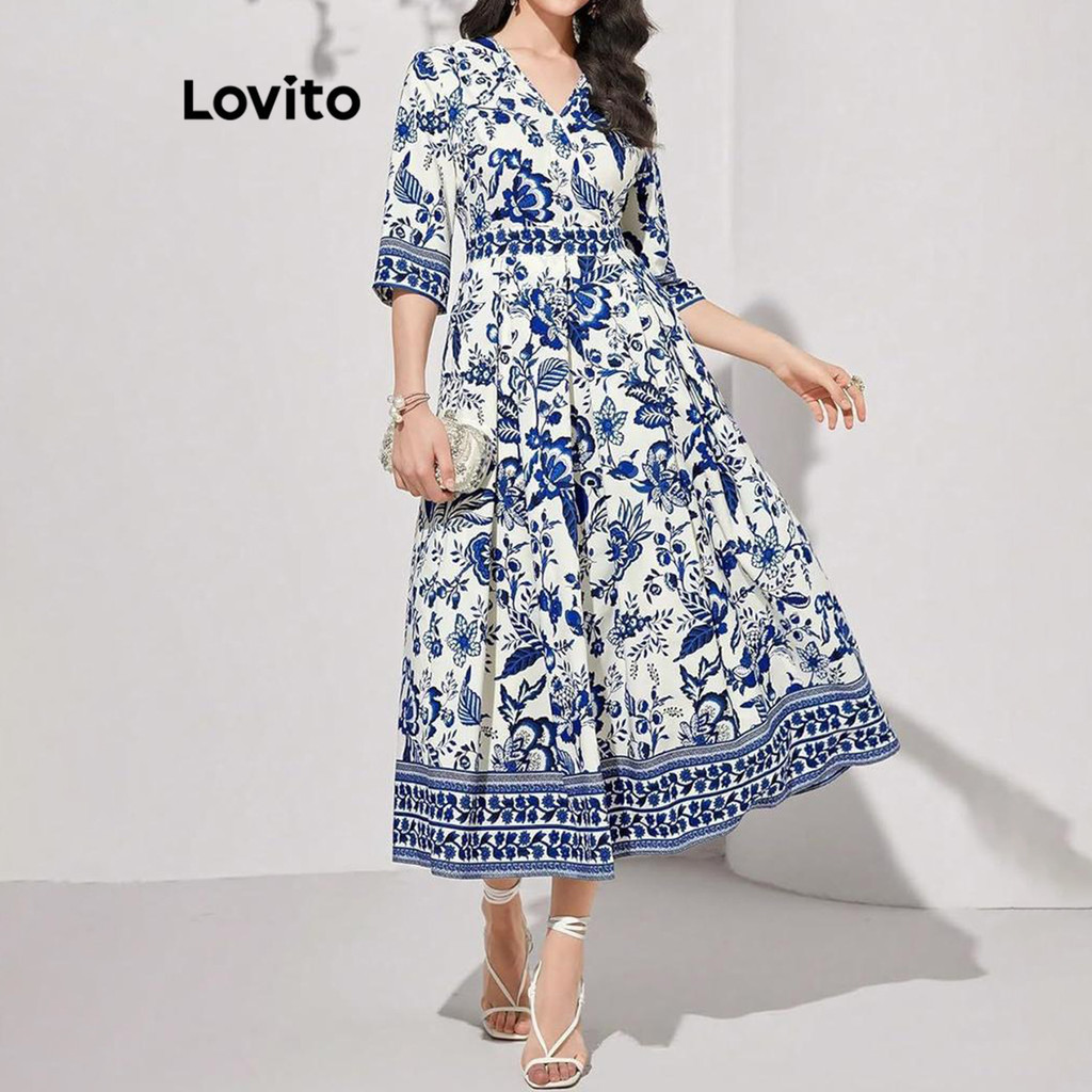 Lovito Elegant Dress Ditsy Floral Printing Dress for Women LNL67129