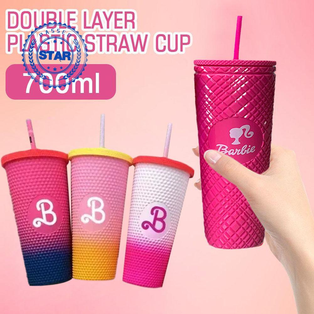 Barbie Pink Tumbler Mug Gradient Barbie Pink High Capacity Layer Water Cup Double Plastic O9M4