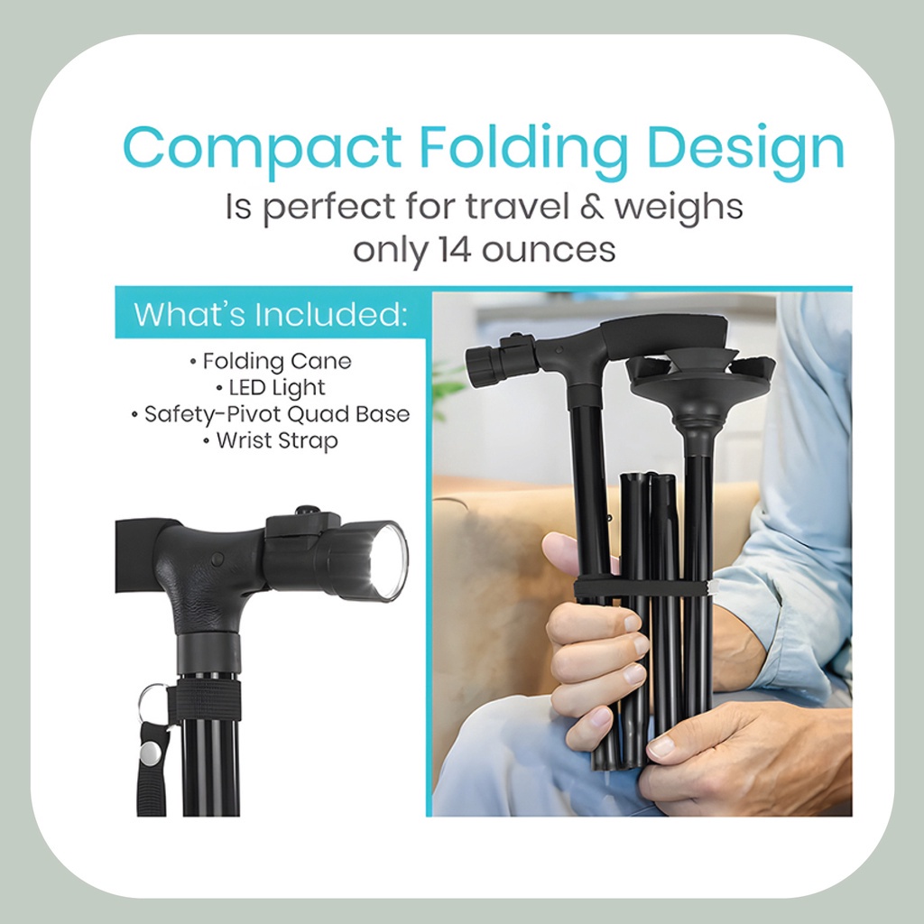 Foldable Walking Cane with LED Light Adjustable Walking Aid Hiking Stick Cane Elderly Tongkat Lampu Jalan Kaki Orang Tua