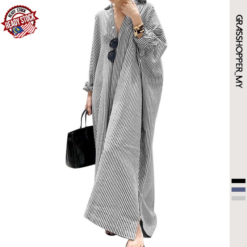 READY STOCK Women Long Sleeve Button Down Casual Stripe Split Hem Baggy Vintage Long Maxi Cotton Linen Dress 大碼連衣裙