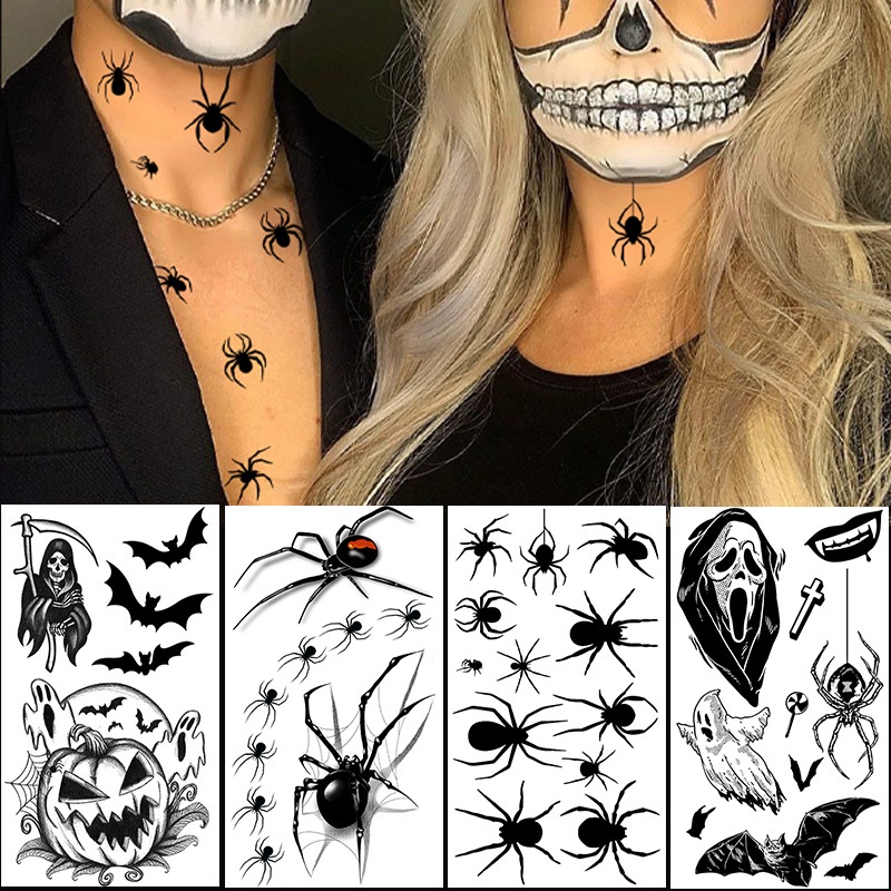 Halloween Black Temporary Tattoo Sticker Skeleton Death Scythe Bat Tombstone Pumpkin Fake Tattoo Waterproof