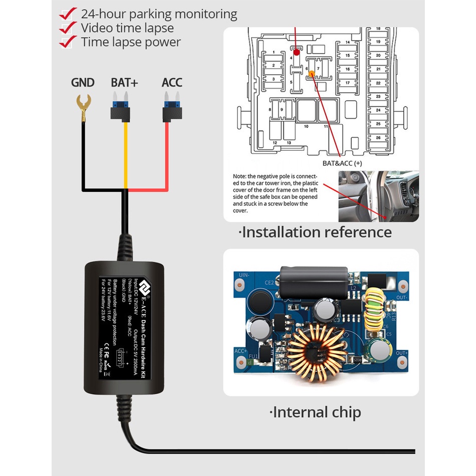 Essential Quality 3.2 Meters Buck Line Mini USB Car Charger Hard Wire Hardwire Kit Dash Cam Reaview Mirror 24H Parkin... - Image 5