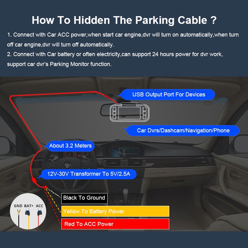 Essential Quality 3.2 Meters Buck Line Mini USB Car Charger Hard Wire Hardwire Kit Dash Cam Reaview Mirror 24H Parkin... - Image 2