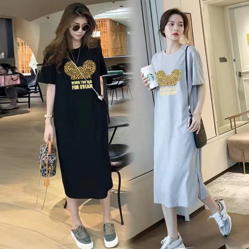 Summer New Korean Fashion Print Oversize Loose Short Sleeve Dress