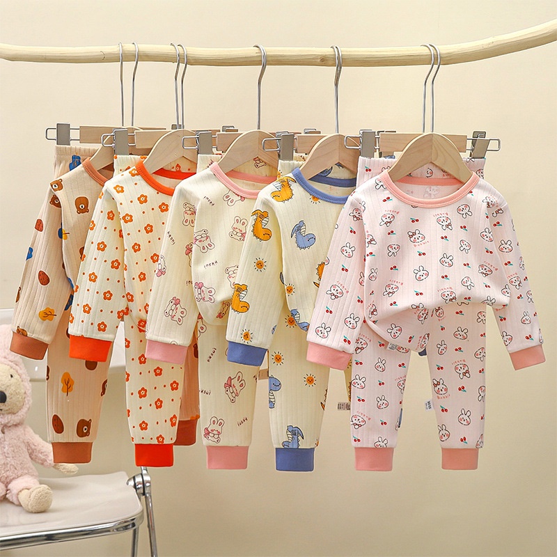 [ZY] 70-150cm Children's Pure Cotton Long-Sleeved T-Shirt Set Casual Underwear Set Autumn Winter Baby Warm Suit Comfortable Autumn Clothes Long Pants Loungewear Pajamas Korean Version Children's Clothing