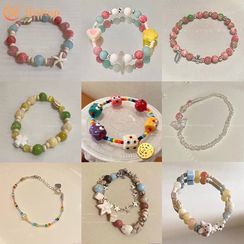 Colorful Stone Beads Bracelet for Women Korean Ceramics Pearl Heart Star Animal Elastic Bracelets Accessories Jewelry