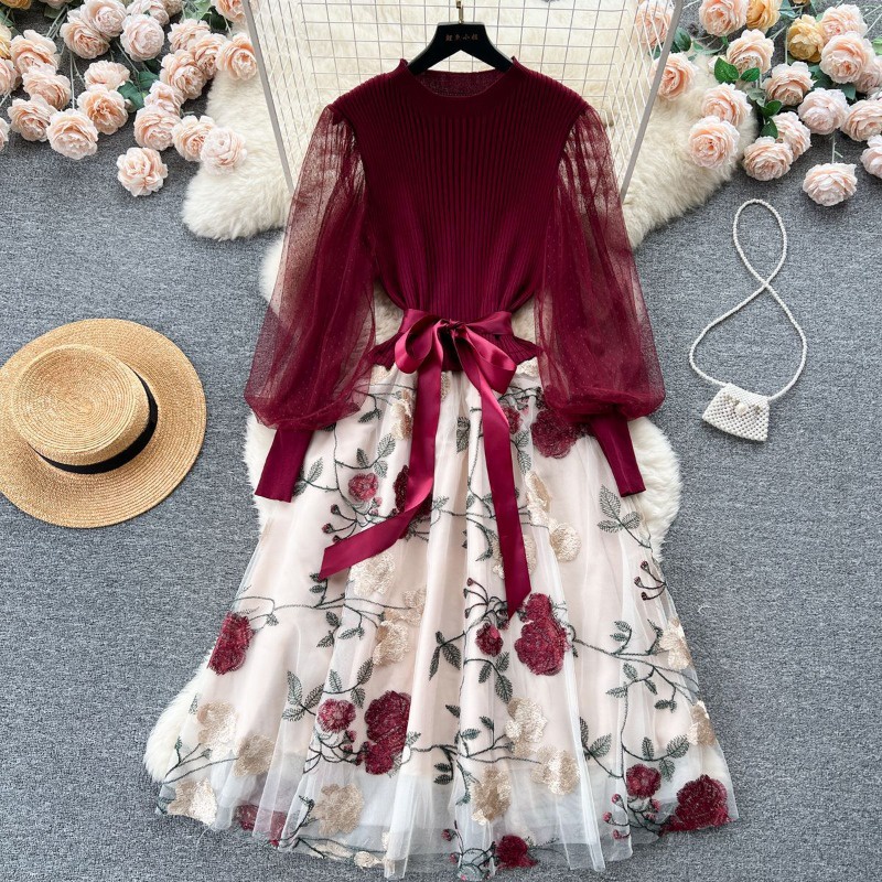 French Women Dress Fashion Knit Patchwork Embroidered Mesh Dresses Elegant Spring Autumn Vintage Slim A-line Long Dress