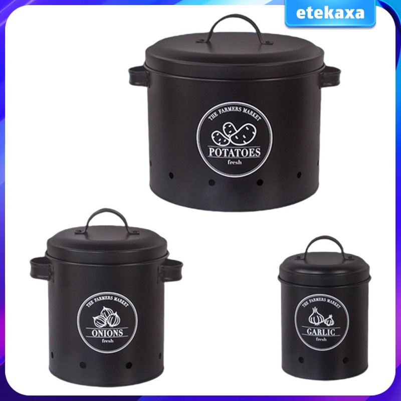 [etekaxaMY] Set of 3 Antique Potato Onion Kitchen Storage Canisters Jars Pots Containers Potatoe, Garlic Bin Caddy, with