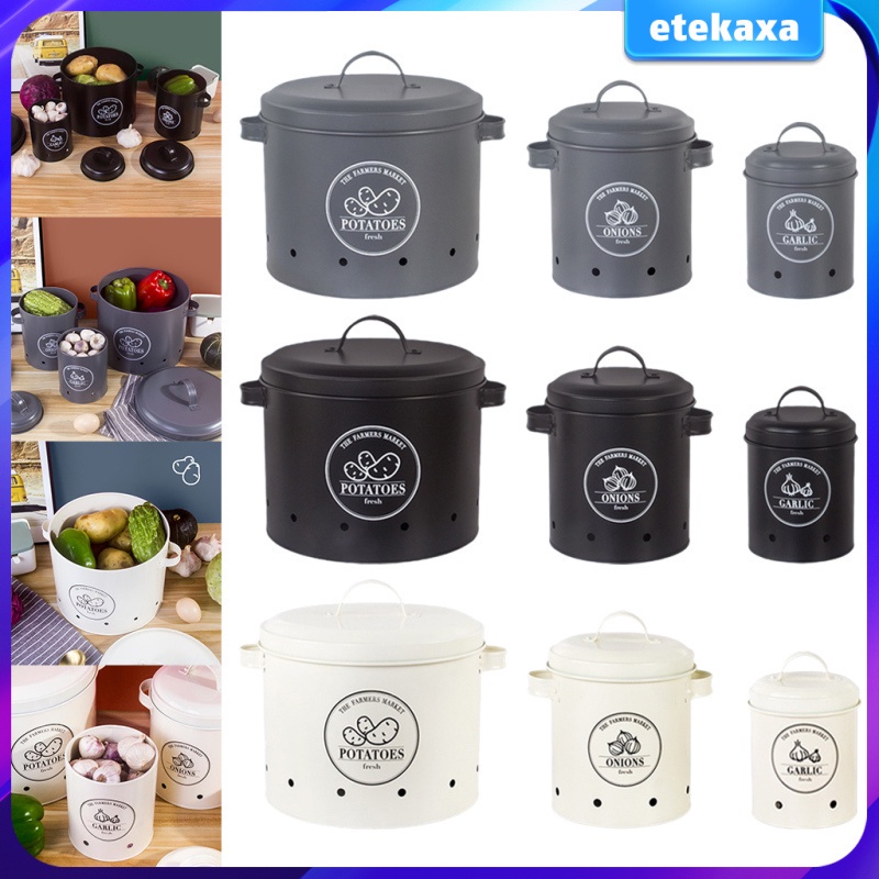 Cooking Meal Set of 3 Antique Potato Onion Kitchen Storage Canisters Jars Pots Containers Potatoe Garlic Bin Caddy - Image 2