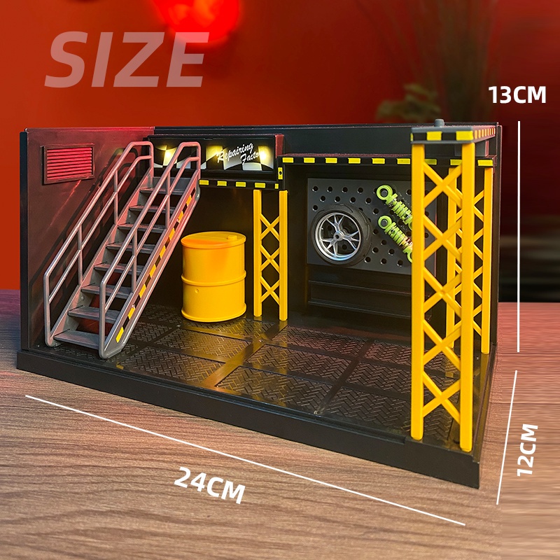 KLT Simulated garage model alloy car model storage display DIY with light repair shop parking lot scene ornaments Scale 