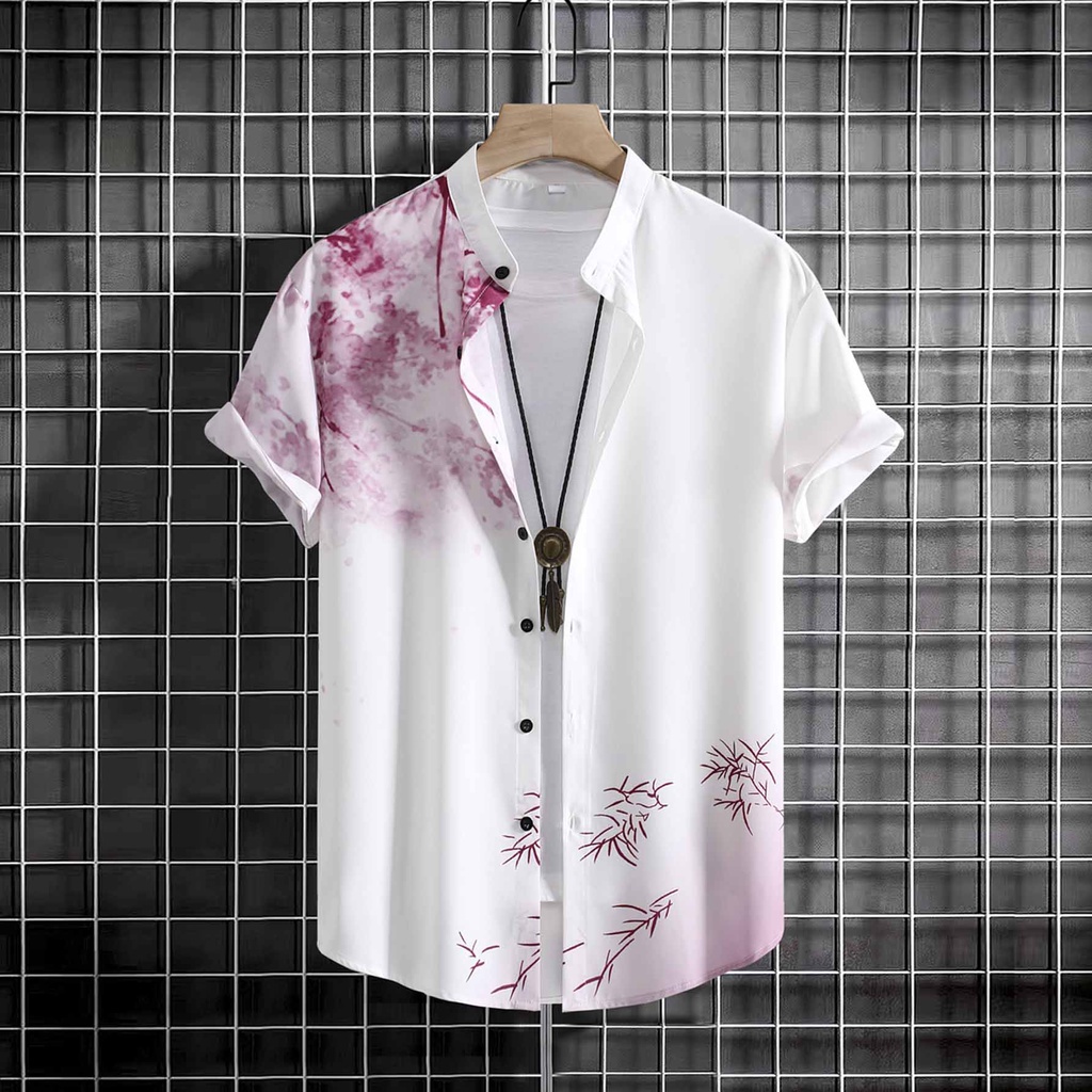2023 New Men's Chinese Style Stand Collar Short Sleeve Button Cotton Solid Color Casual Floral Shirt Plus Size