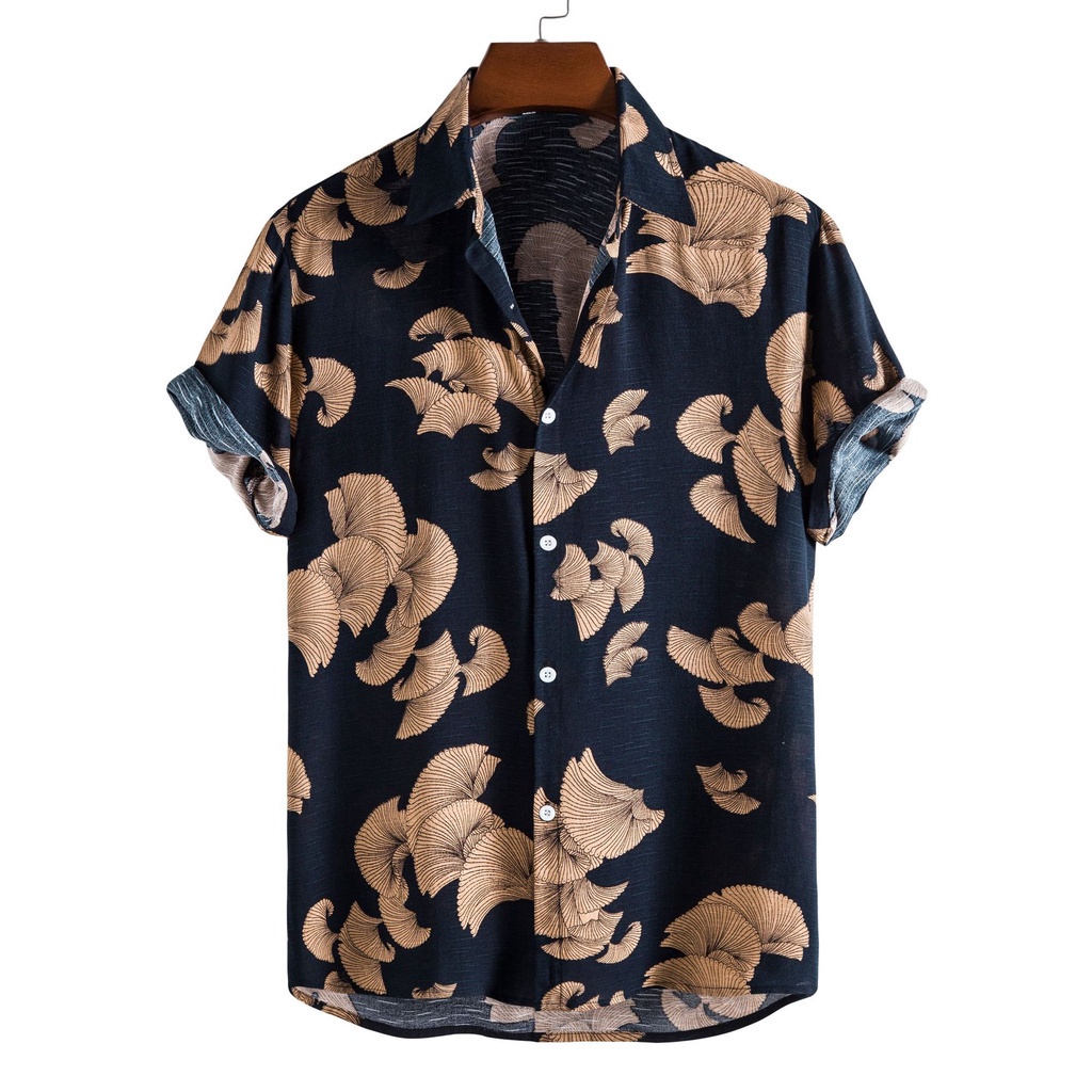 Men's Summer Black&Gold Short-sleeved Allover Printed Floral Shirt Viscose Loose Lapel Button Up Beach Hawaii Trend Tops