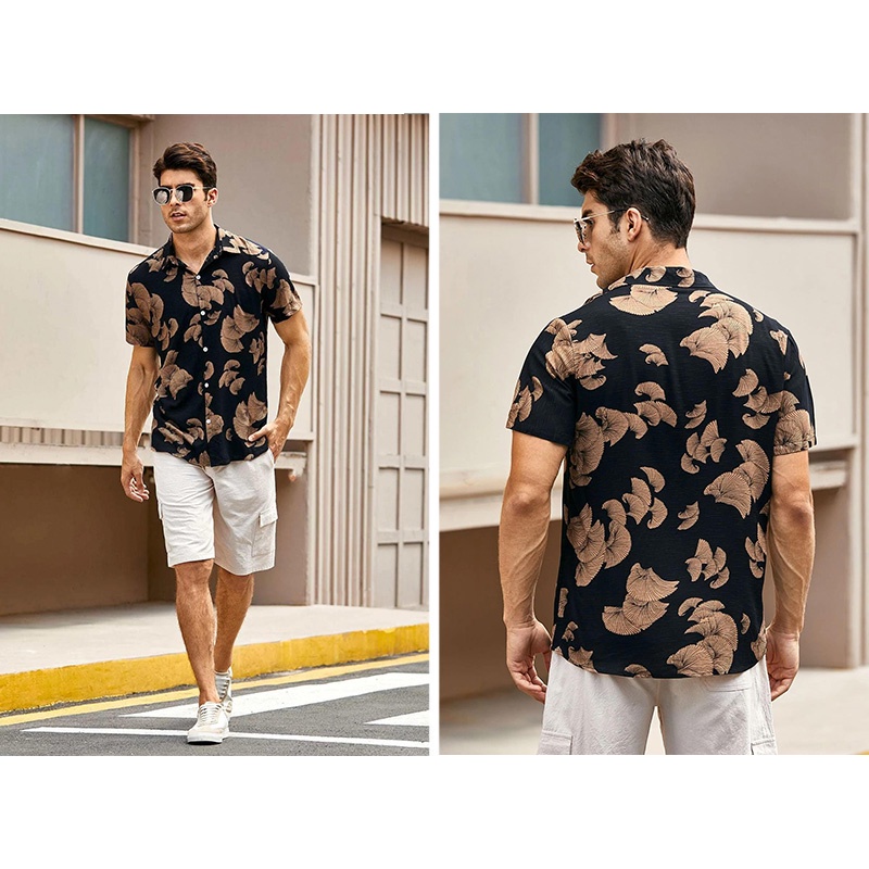 Versatile Premium Men's Summer Black&Gold Short-sleeved Allover Printed Floral Shirt Viscose Loose Lapel Button Up Be... - Image 2
