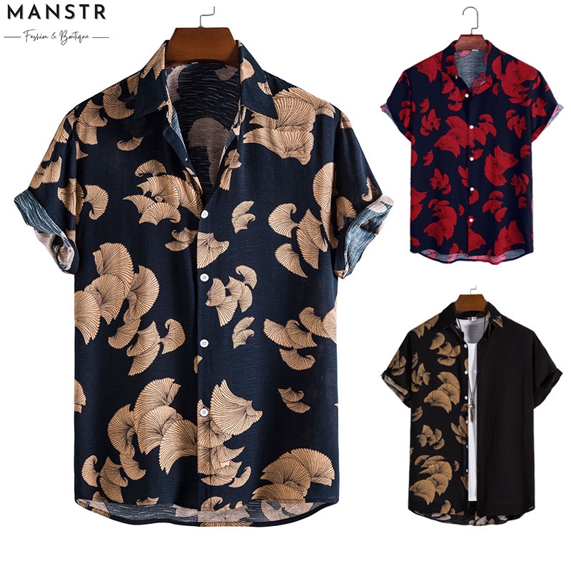 Versatile Premium Men's Summer Black&Gold Short-sleeved Allover Printed Floral Shirt Viscose Loose Lapel Button Up Be... - Image 4