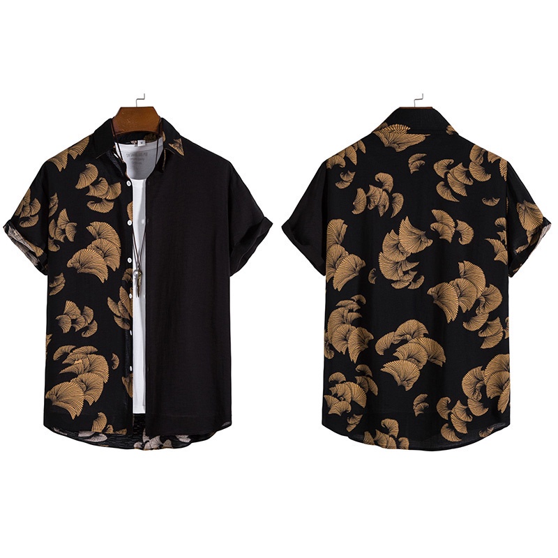 Versatile Premium Men's Summer Black&Gold Short-sleeved Allover Printed Floral Shirt Viscose Loose Lapel Button Up Be... - Image 5