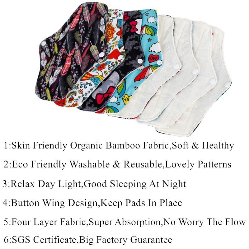 Versatile Reliable 7 Pcs Organic Bamboo Regular Flow Cloth Menstrual Sanitary Pads Waterproof - Image 3