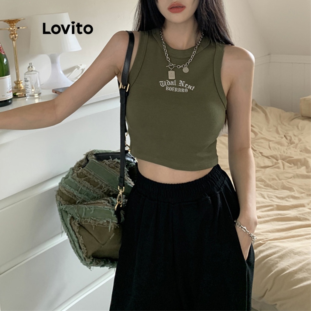 Multi Quality Lovito Casual Letter Pattern Rib-Knit Sleeveless Tank Top Women LNA08082 (Army Green/White) Tanpa Lenga... - Image 3