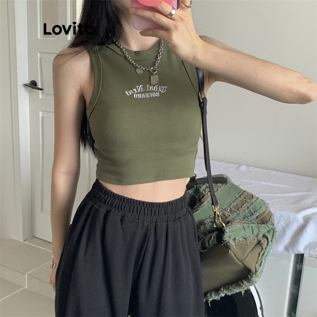 Multi Quality Lovito Casual Letter Pattern Rib-Knit Sleeveless Tank Top Women LNA08082 (Army Green/White) Tanpa Lenga... - Image 4