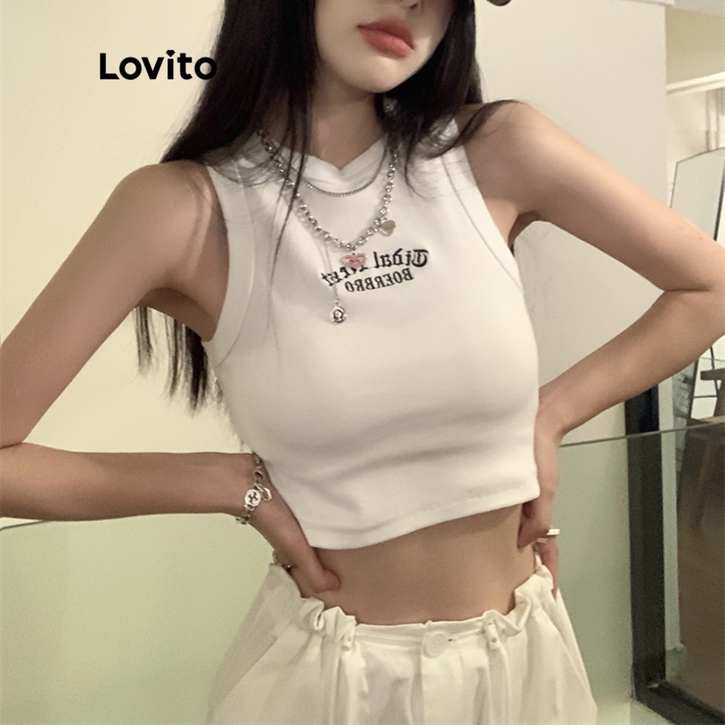 Multi Quality Lovito Casual Letter Pattern Rib-Knit Sleeveless Tank Top Women LNA08082 (Army Green/White) Tanpa Lenga... - Image 5