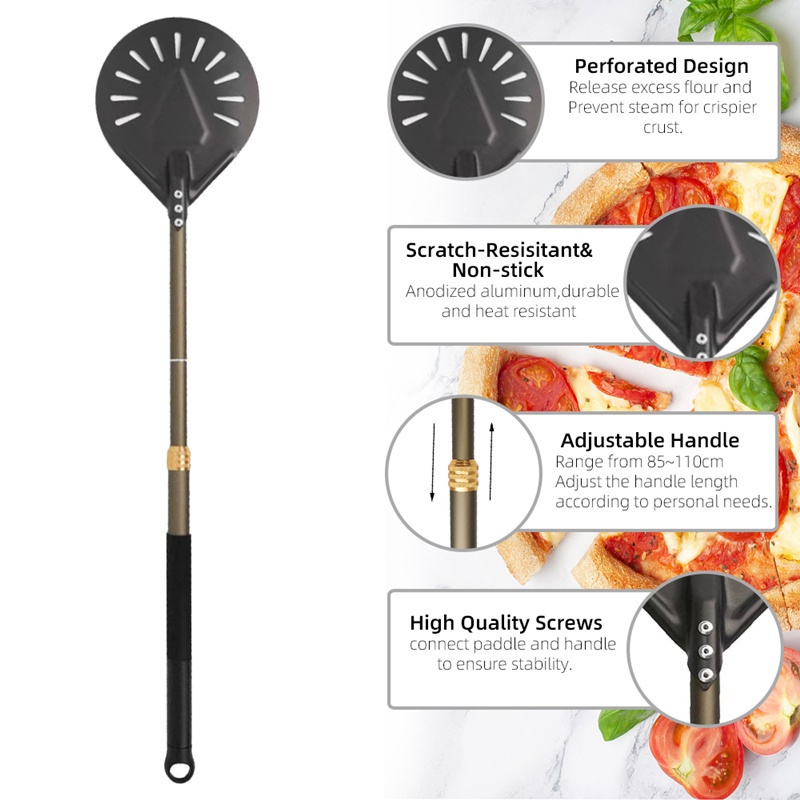 Meal Kitchen 7 8 9 Inch Perforated Pizza Turning Peel,Professional Anodized Aluminum Paddle,Adjustable Long Handle,Mo... - Image 4