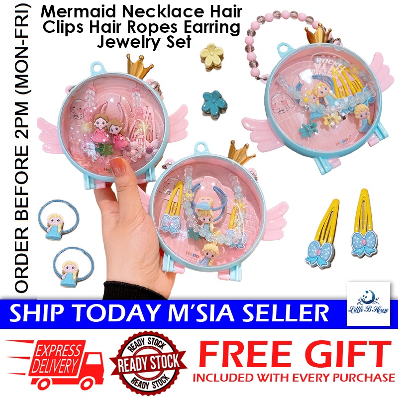 [Little B House]Mermaid Necklace Hair Clips Ropes Earring Kids Jewelry Set With Box 公主礼盒发饰 Aksesori Budak Perempuan-H100